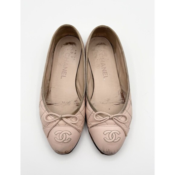 Chanel Ballet Flats Pink Quilted Leather w/ CC Logo Toe & Ribbon Sz EU 35.5 5.5 - Picture 1 of 15